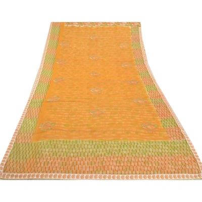 Sanskriti Vintage Saffron Sarees Blend Cotton Embroidered Kota Sari Fabric, PS-57747