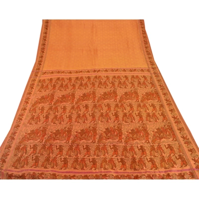 Sanskriti Vintage Peach Sarees Pure Silk Woven & Printed Craft 5 Yd Fabric Sari, PS-52975