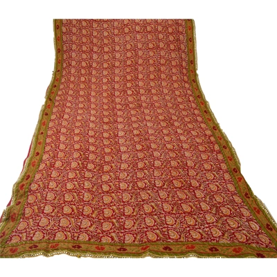 Sanskriti Vintage Red Sarees Blend Georgette Embroidered Craft 5 Yd Fabric Sari, PS-53214