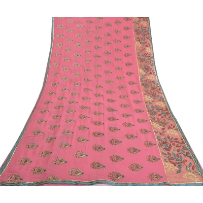 Sanskriti Vintage Pink Sarees Pure Georgette Silk Embroidered Ethnic Sari Fabric, PS-57825