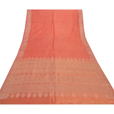 Sanskriti Vintage Orange Indian Sari Blend Silk Woven Sarees Craft 5 Yard Fabric, PS-55676