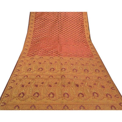 Sanskriti Vintage Sarees Pure Organza Silk Hand Beaded Woven Premium Sari Fabric, PS-57664