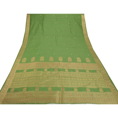 Sanskriti Vintage Green Indian Sari Art Silk Woven Craft Fabric Premium Sarees, PS-55340