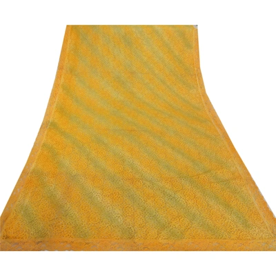 Sanskriti Vintage Yellow Indian Sari Net Mesh Yellow Woven Fabric Premium Sarees, PS-54990