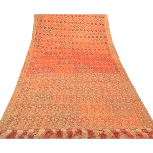 Sanskriti Vintage Red Sarees Art Silk Hand Beaded Woven Fabric Cultural Sari, PS-54925