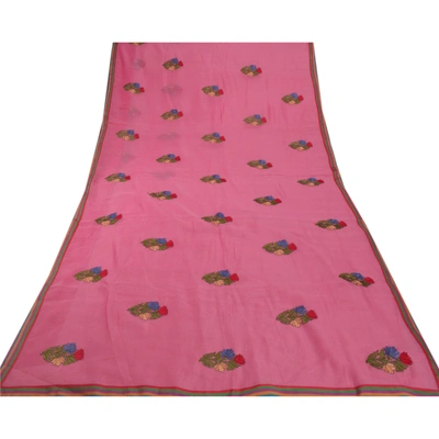 Sanskriti Vintage Pink Indian Sari Art Silk Embroidered Sarees Craft Fabric, PS-53722