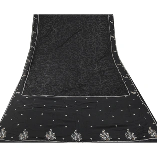 Sanskriti Vintage Black Sarees Net Mesh Hand Beaded Mukesh Work Fabric Sari, PS-53549