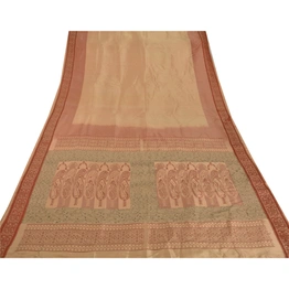 Sanskriti Vintage Cream Sarees Pure Silk Woven Craft Fabric Premium 5 Yard Sari, PS-51416