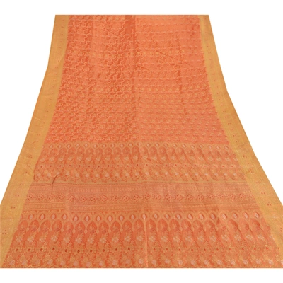 Sanskriti Vintage Orange Sarees Art Silk Woven Brocade Fabric Cultural 5 Yd Sari, PS-51365