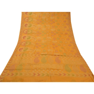 Sanskriti Vintage Saffron Indian Sarees Pure Silk Hand-Woven Craft Sari Fabric, PS-58403