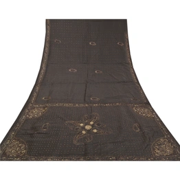 Sanskriti Vintage Black Sarees Pure Silk Hand Beaded Premium Sari Craft Fabric, PS-58337