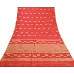 Sanskriti Vintage Red Saree Pure Organza Silk Handwoven Tant Craft Sari Fabric, PS-58079