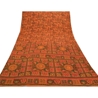 Sanskriti Vintage Saffron Sarees Pure Silk Hand Beaded Animal Sari Craft Fabric, PS-56507