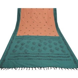 Sanskriti Vintage Green Sarees Blend Cotton Handmade Block Print Sari Fabric, PS-56505