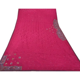 Sanskriti Vintage Pink Sarees 100% Pure Crepe Silk Hand Beaded Woven Fabric Sari, PS-48215