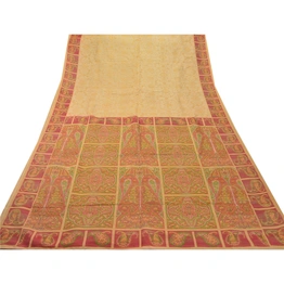 Sanskriti Vintage Cream Indian Sarees 100% Pure Silk Woven Fabric Cultural Sari, PS-47742