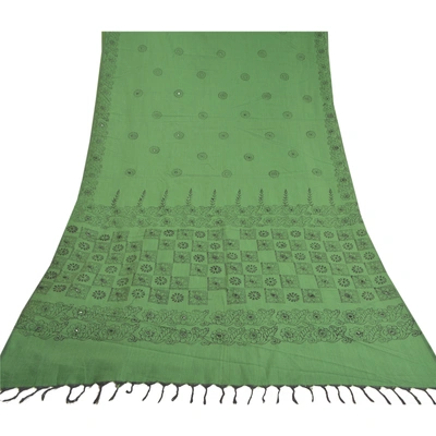 Sanskriti Vintage Green Sari Blend Silk Hand Block Printed Sarees Craft Fabric, PS-58147