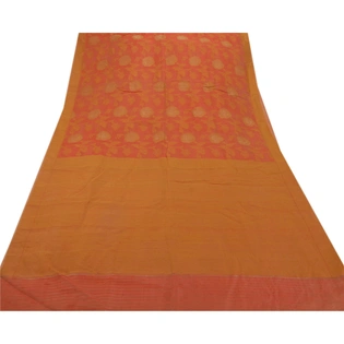 Sanskriti Vintage Sarees Blend Silk Indian Sari Woven Craft Fabric Orange, PS-43415