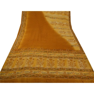 Sanskrit Vintage Brown Saree Pure Crepe Silk Hand Beaded Craft Fabric Pearl Sari, PS-42474