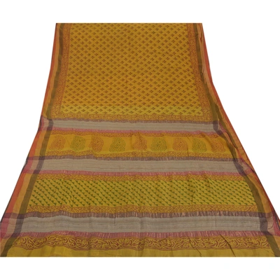 Sanskriti Vintage Sarees Pure Cotton Block Printed Woven Craft Fabric 5 Yd Sari, PS-51435