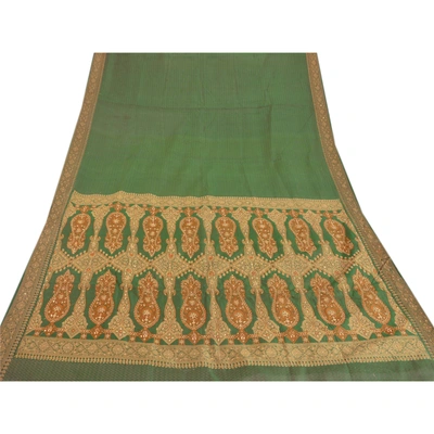 Sanskriti Vintage Green Sarees Blend Cotton Woven Hand Beaded Craft Fabric Sari, PS-51732