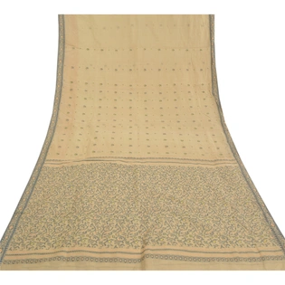 Sanskriti Vintage Ivory Sarees Pure Cotton Hand-Woven Indian Tant Sari Fabric, PS-58231