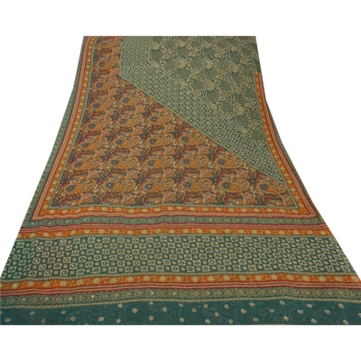 Sanskriti Vintage Sarees Georgette Hand Beaded Craft Fabric Premium 5 Yard Sari, PS-50360