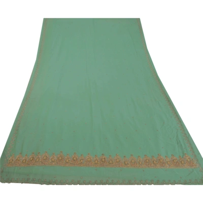 Sanskriti Vintage Sarees Georgette Hand Beaded Green Fabric Premium Craft Sari, PS-50567