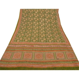 Sanskriti Vintage Green Sarees Pure Georgette Silk Hand Beaded Fabric Craft Sari, PS-51962