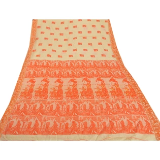 Sanskriti Vintage Cream Sarees Pure Silk Craft 5 Yd Fabric Woven Baluchari Sari, PS-51999