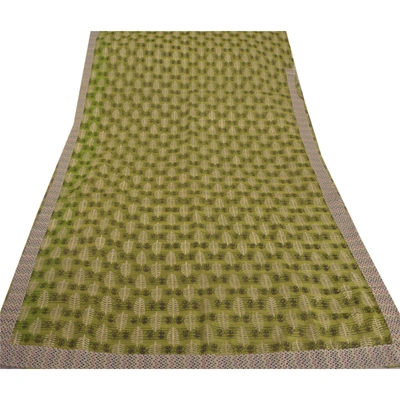 Sanskriti Vintage Green Sarees Art Silk Craft Fabric Block Printed Indian Sari, PS-39335