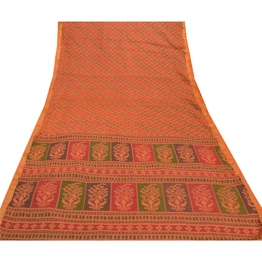 Sanskriti Vintage Saffron Sarees Pure Cotton Sari Printed Craft 5 Yard Fabric, PS-56497