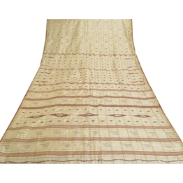 Sanskriti Vintage Ivory Sarees Blend Silk Hand-Woven Indian Tant Sari Fabric, PS-56719