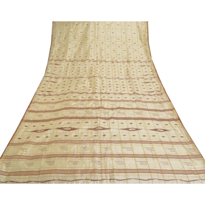 Sanskriti Vintage Ivory Sarees Blend Silk Hand-Woven Indian Tant Sari Fabric, PS-56719