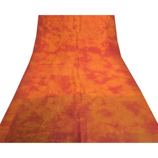 Sanskriti Vintage Orange Indian Sarees Pure Silk Hand-Woven Tie- Dye Sari Fabric, PS-57305