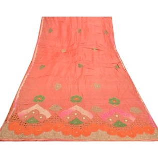 Sanskriti Vintage Peach Sarees 100% Pure Silk Hand Beaded Sari Craft Fabric, PS-57715