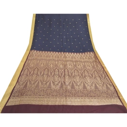 Sanskriti Vintage Blue Sarees 100% Pure Silk Handwoven Sari Premium Fabric, PS-57725