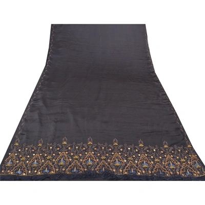 Sanskriti Vintage Black Sarees Art Silk Hand Beaded Premium Sari Mirror Fabric, PS-57736