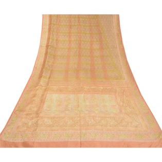 Sanskriti Vintage Peach Sarees 100% Pure Silk Woven Craft Sari 5 Yard Fabric, PS-58252