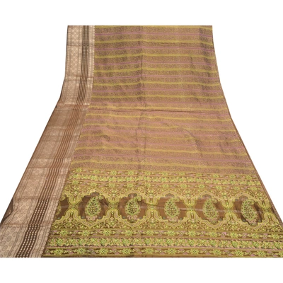 Sanskriti Vintage Sarees Pure Silk Brown Painted & Brocade Sari Premium Fabric, PS-56348