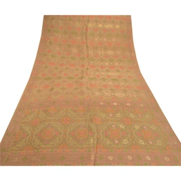 Sanskriti Vintage Beige Sarees Pure Silk Hand-Woven Tanchoi Sari Premium Fabric, PS-57019