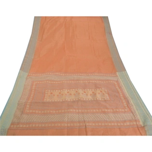 Sanskriti Vintage Peach Sarees Blend Silk Printed Craft 5 Yd Fabric Kota Sari, PS-52102