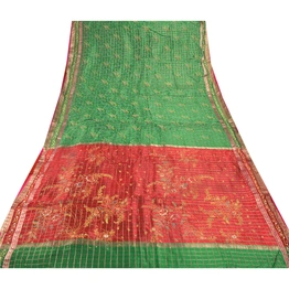 Sanskriti Vintage Green Sarees Pure Silk Woven Painted Craft Fabric Premium Sari, PS-53642