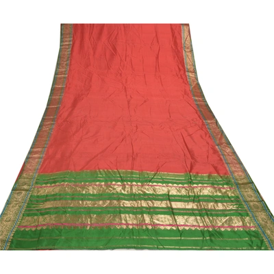 Sanskriti Vintage Red Sarees 100% Pure Silk Woven Brocade Sari Premium Fabric, PS-56803