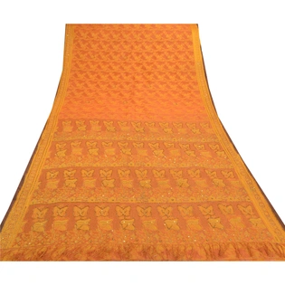 Sanskriti Vintage Orange Sarees Blend Silk Hand Beaded Woven Ethnic Sari Fabric, PS-57526