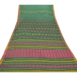 Sanskriti Vintage Green Indian Sarees Blend Silk Hand-Woven Peacock Sari Fabric, PS-57610