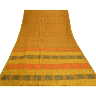 Sanskriti Vintage Mustard Sarees Pure Silk Printed Sari 5 Yd Craft Fabric, PS-56916