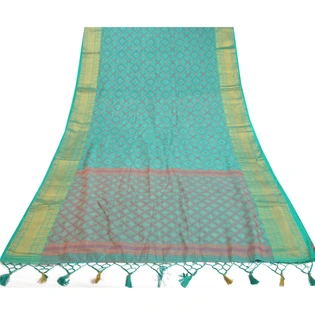 Sanskriti Vintage Turquoise Sarees Art Silk Hand-Woven Premium Sari Craft Fabric, PS-58014