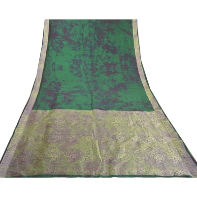 Sanskriti Vintage Green Sarees 100% Pure Silk Woven Tie-Dye Sari Craft Fabric, PS-57942