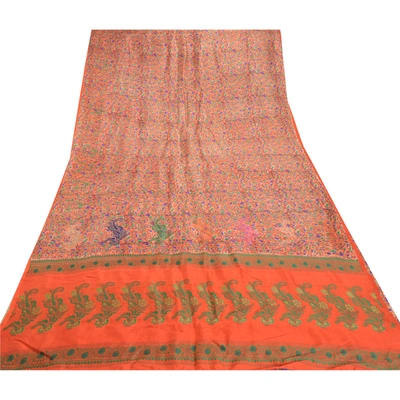 Sanskriti Vintage Orange Indian Sarees Pure Silk Handwoven Sari Craft Fabric, PS-57632